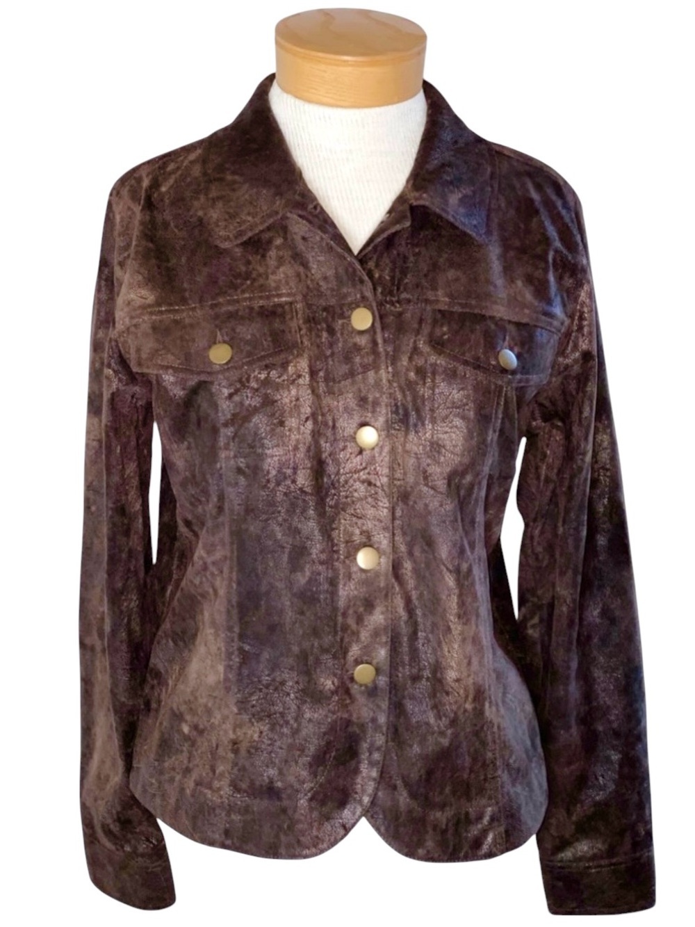 Vintage Bamboo Traders Brown Faux Suede Shimmer Trucker Jacket Small Stretch